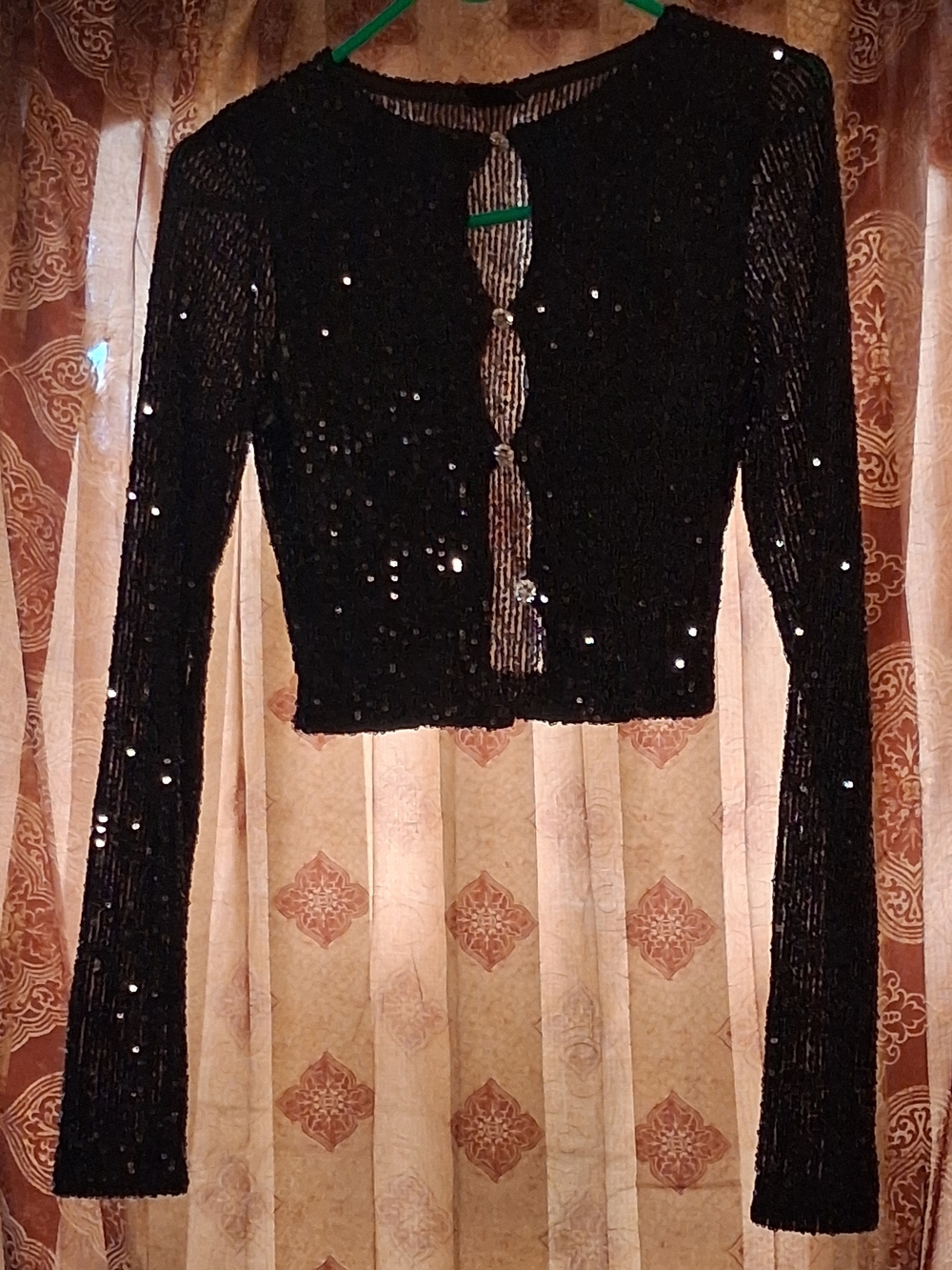 Black Sequin Button-Down Crop Top